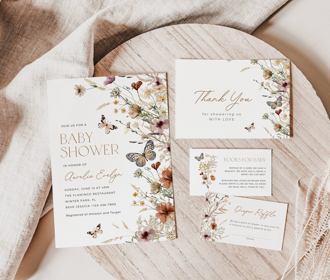 Butterfly Baby Shower Invitation Set: Boho Wildflower Theme (editable ...