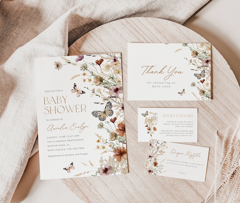 Butterfly Baby Shower Invitation Set: Boho Wildflower Theme (editable ...