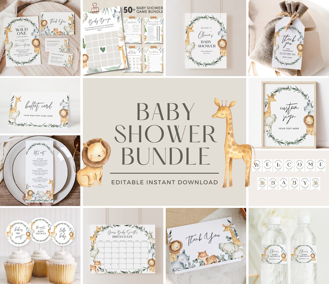 Safari Baby Shower Invitation Bundle, Jungle Baby Shower Invite Kit, A