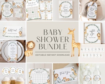 Zestaw zaproszeń na baby shower w stylu safari: Zwierzęta dżungli, edytowalne w Canva