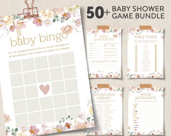 Baby in Bloom Baby Shower Game Bundle, Spring Flowers Baby Shower Game Pack, Pink Gold, Wildflower Baby Shower Games, Editable in Canva