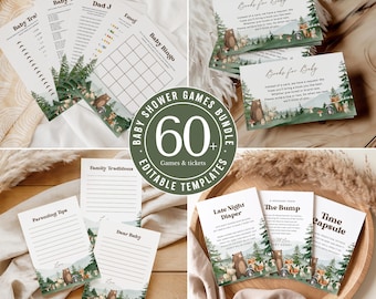 Peut inclure: Un ensemble de jeux et de billets pour une baby shower. Le lot comprend diverses cartes de jeu, telles que "Baby Bingo" et "Baby Trail", ainsi que des cartes pour les messages. Les motifs présentent des animaux de la forêt et des paysages forestiers. Le lot comprend 60 modèles modifiables.