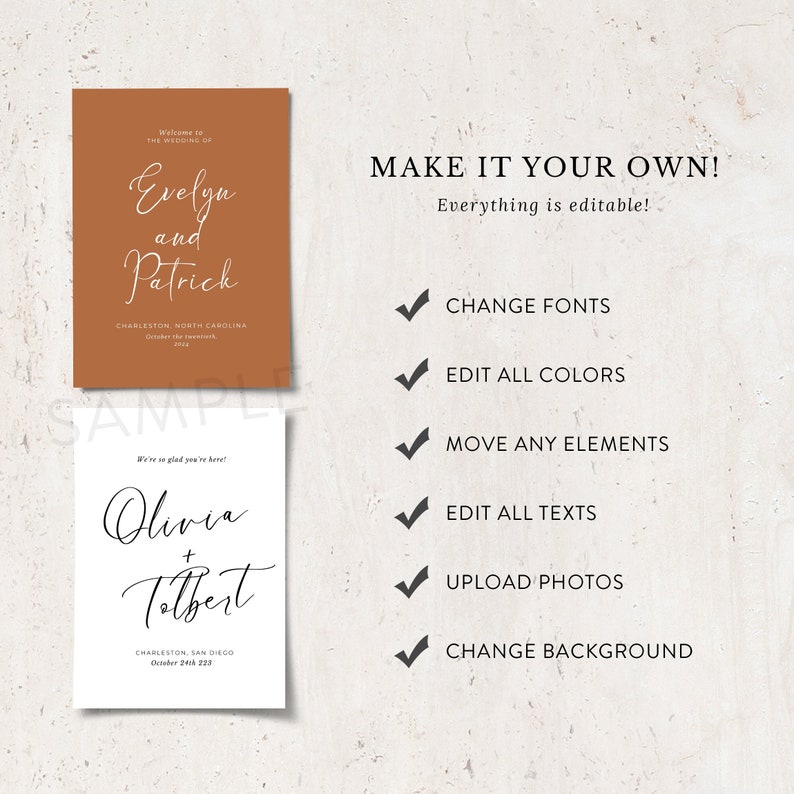 May include: Two wedding invitation templates with customizable text and design. The first template features a brown background with white text, and the second template features a white background with black text. Both templates include the names of the couple, the wedding date, and the location.
