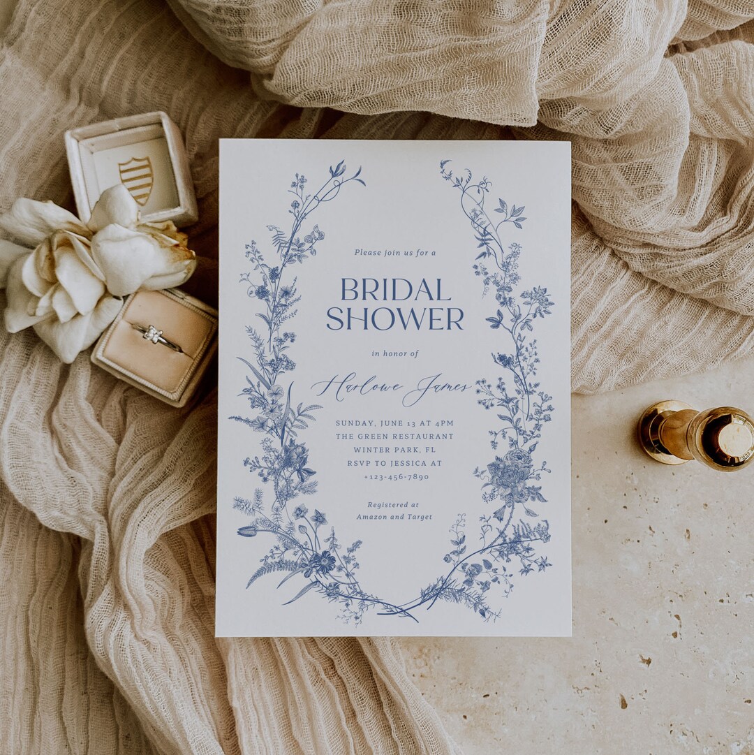Dusty Blue Bridal Shower Invitation Template, Vintage Floral Invitation ...