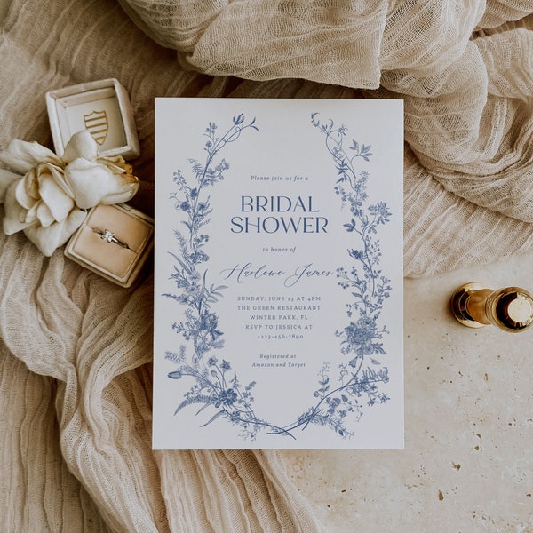 Dusty Blue Bridal Shower Invitation Template, Vintage Floral Invitation, Printable Invitation, Something Blue Bridal Invitation