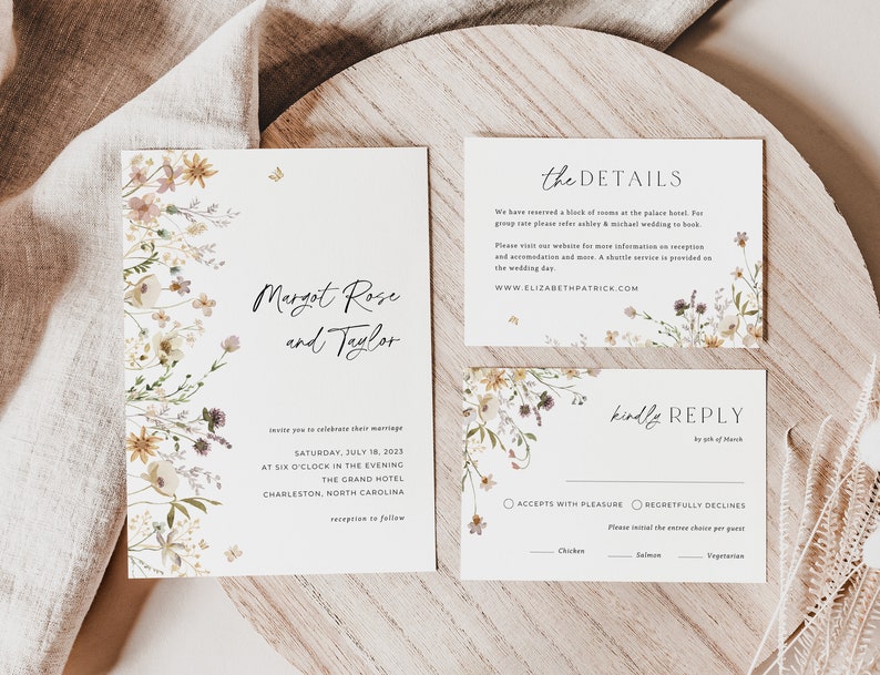 Wildflower Wedding Invitation Suite, Floral Wedding Suite Template, Spring Wedding Invite, Whimsical Wedding Invitation, Editable in Canva image 5