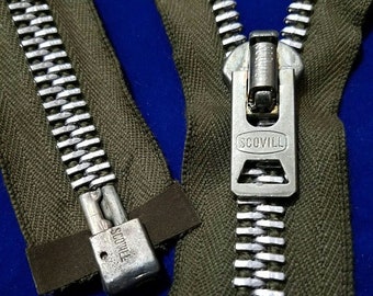 Genuine: Vintage ca.1965-70's NOS/"SCOVILL" USA Separating Zipper/#10 Metal=24.75in Aluminum/Olive Cotton/Jacket,Parka,Military M 51/65 Army