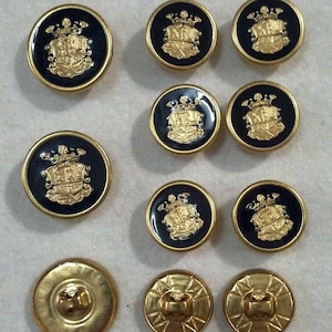 Vtg; nos/WATERBURY BUTTON SET: &#39;Crown Shield..&#39;/Gold-Metal/Dk.Blue(Navy)Enamel Epoxy/Single Breast 3-Btns & Sleeve 8-Btns(Men Blazer Jacket)
