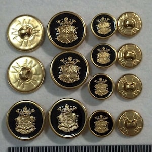 Vtg; nos/WATERBURY BUTTON SET: &#39;Crown Shield..&#39;/Gold-Metal/Black Enamel Epoxy/Double Breast 6-Btns & Sleeve 8-Btns(Men Blazer Jacket)