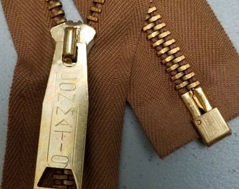 Genuine: Vintage ca.1954-1965 nos/"CONMATIC USA CONMAR" Separating Zipper/#5 Metal=23.75in Antique Yel.Brass/Lt.Brn.Cotton/For Coat & Jacket