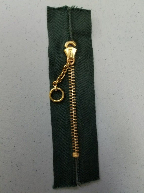 Genuine: Vintage Ca.1970's Nos/talon USA/RING CHAIN Slider Zipper W. Closed  Ends/medium Duty 3 Metal3in Brass/green Cotton/pocket,purse. 