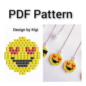 Smiley in love, brick stitch earrings pattern, fun design, miyuki delica bead pattern