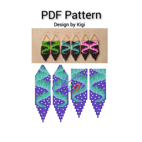 Beaded fringe earrings pattern, Aurora, northern lights, PDF file, unique design