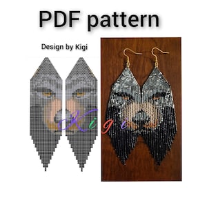 Pode incluir: Padrão PDF para brincos de contas com um design de rosto de lobo. O padrão é mostrado ao lado de um par de brincos acabados.