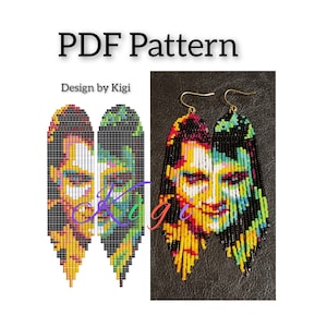 May include: A PDF pattern for beaded earrings featuring a colourful portrait of a person with black, yellow, white, red, and blue beads. The pattern is designed by Kigi.