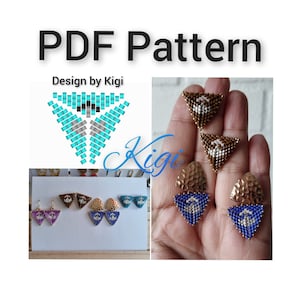 May include: PDF pattern for beaded triangle earrings. The pattern includes instructions for making earrings in brown, blue, and purple. The earrings are shown on a white background.