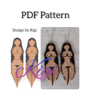 May include: PDF pattern for beaded earrings featuring a stylized human figure design. The earrings are brown, black, and beige with silver hooks. The pattern is by Kigi.