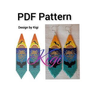 May include: Beaded earrings with a sunset design, featuring orange, yellow, blue, and turquoise beads. The earrings have a long, fringed bottom and silver-colored ear wires. The image also shows a PDF pattern design by Kigi.