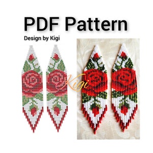 May include: PDF pattern for beaded earrings featuring a red rose design with green leaves and white accents. The earrings are long and dangle, with a teardrop shape.
