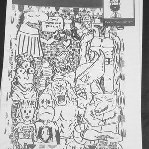 May include: A black and white comic book titled "Feral Comics" featuring various cartoon characters and the text "Just Ordered Pizza!". The cover also includes the text "Sam IPA Man Runs a Business" and "Feral Publication."