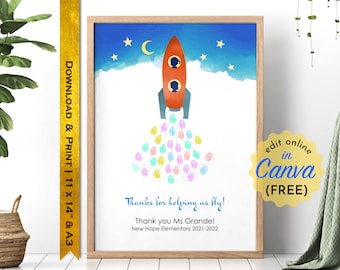 Fingerprint Poster Canva Template, Rocket Guestbook Alternative, Printable Art, Personalized Teacher Gift Ideas by BexPrintables