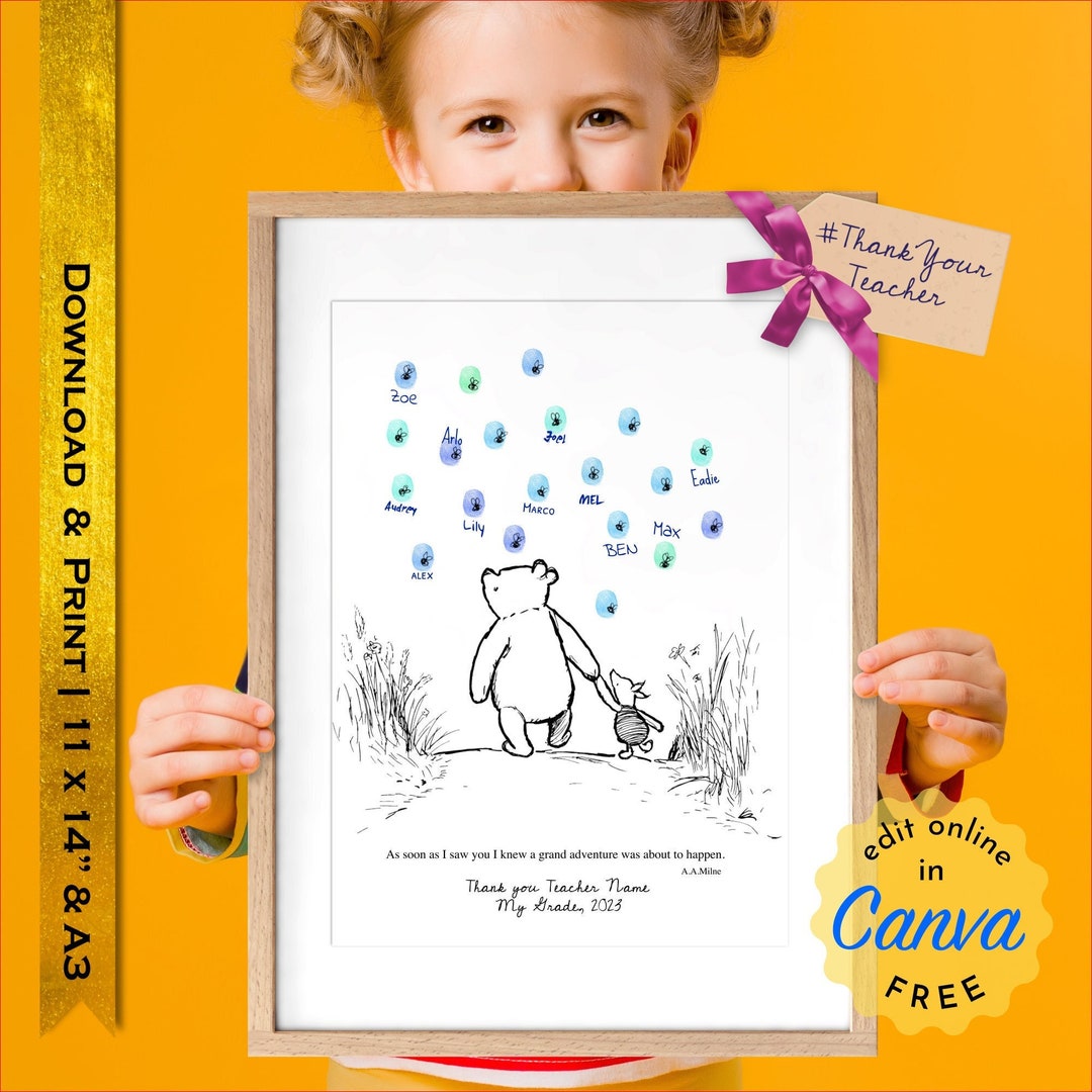 Winnie the Pooh Fingerprint Art, Canva Template, Thumbprint Art