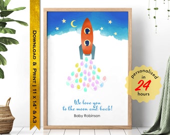 Fingerprint Guestbook Alternative, Rocket Poster PDF, Personalized Gift for Baby Shower, Birthday or Christening, Made to Order