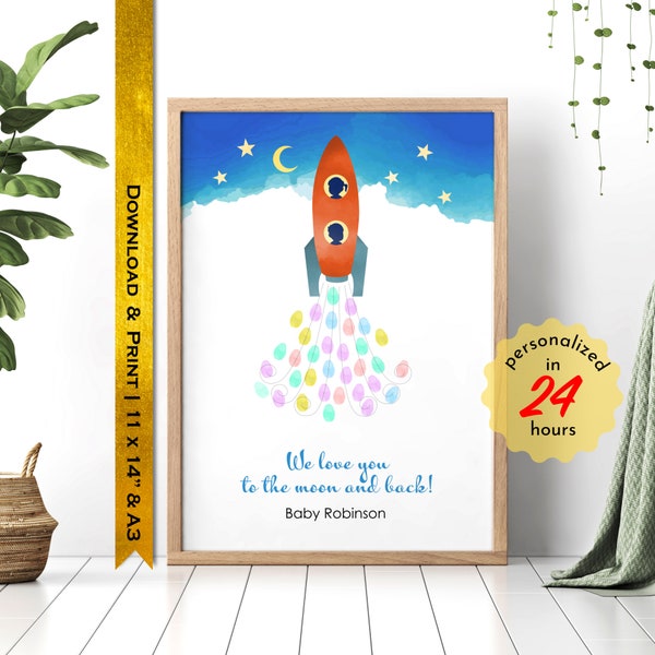 Fingerprint Guestbook Alternative, Rocket Poster PDF, Personalized Gift for Baby Shower, Birthday or Christening, Made to Order