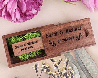 Clé USB en noyer fin et coffret USB en bois - Ensemble USB gravé personnalisé - Emballage USB de mariage vidéo ou photographie, cadeau de la fête des mères