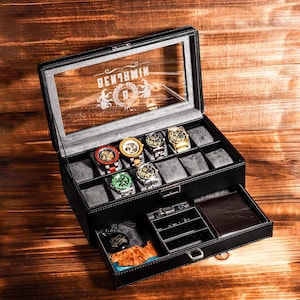 TWO Layers 12 Slot Gepersonaliseerde Herenhorlogedoos | met lade horloge display case voor 12 horloges | Zwarte leren horloge box | Jubileum voor hem