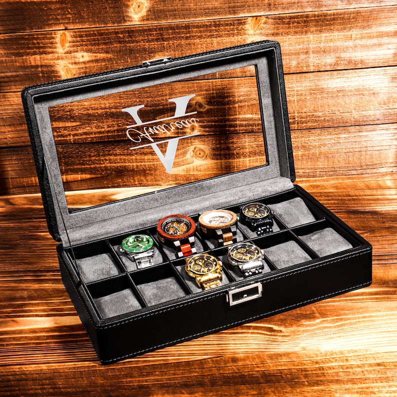 Black Men's Jewelry Box Black Leather Watch Box Anniversary for Him