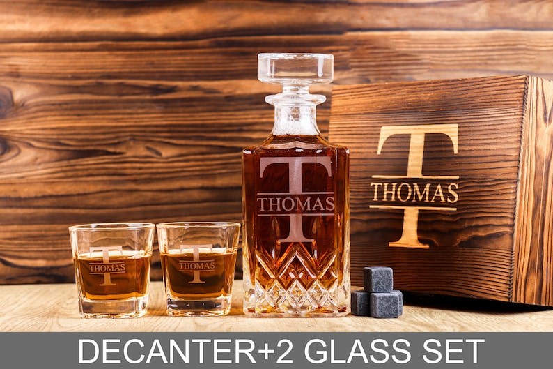 Personalized Whiskey Glass Set with Wooden Box, Groomsmen Gift, Best Man Gift, Groomsman Proposal, Boyfriend Gift, Gifts for Men Decanter+2 Glass Set