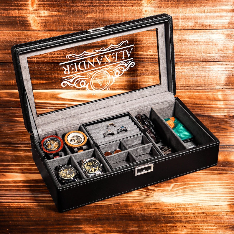 Black Men's Jewelry Box Black Leather Watch Box Anniversary for Him