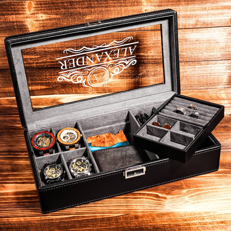 Black Men's Jewelry Box Black Leather Watch Box Anniversary for Him