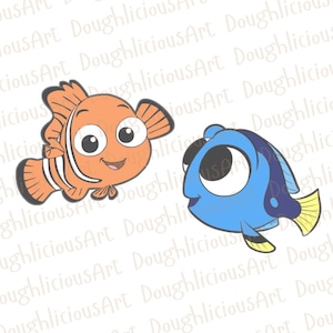 May include: Cartoon illustration of two fish: an orange clownfish with white stripes and a blue tang fish. The clownfish has a smiling face, while the blue tang has a large eye and a friendly expression. The image has a playful and animated style.