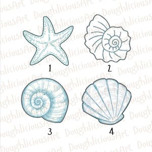 May include: Four sea-themed illustrations: a starfish, a spiral shell, a rounded shell, and a scallop shell. Each is outlined in a teal color and filled with subtle shading, creating a watercolor effect. The designs are numbered 1 through 4.