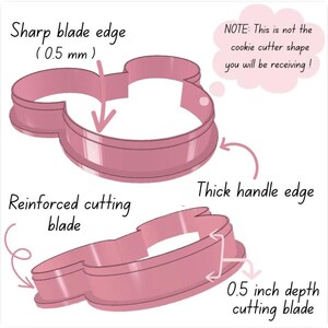May include: Pink cookie cutter in the shape of a cartoon mouse head. Features include a sharp blade edge (0.5 mm), reinforced cutting blade, and a 0.5-inch depth cutting blade. Text on the image states, "NOTE: This is not the cookie cutter shape you will be receiving!"