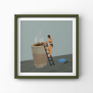 Woman Swimming in Coffee Giclee Art Print with Multiple Skin and Hair Tones, Coffee Lover, Caffeine, Morning Coffee