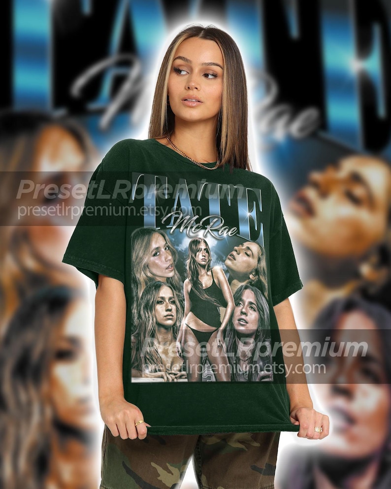 Może przedstawiać: Zielony T-shirt z nadrukiem graficznym z wyblakłym wizerunkiem twarzy kobiety i tekstem "FATE Me Rae".