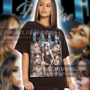 Może przedstawiać: Czarny T-shirt z nadrukiem graficznym kolażu czterech kobiet. Na koszulce nadrukowany jest tekst "FATE Me Rae".