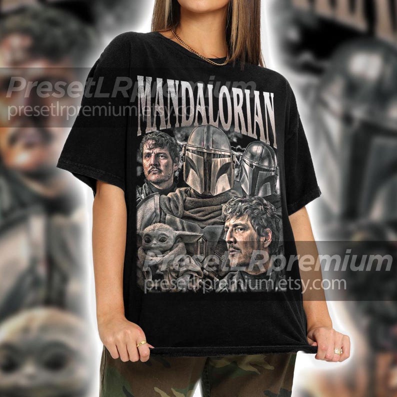 Petro Pascal Mandalorian Vintage T-Shirt, Hommage Retro 90er Jahre Grafik-Sweatshirt, Ideales Geschenk für TV-Serien und Filme Enthusiasts ID Black