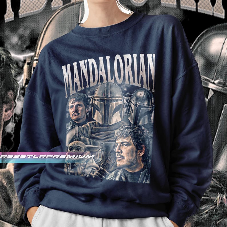Petro Pascal Mandalorian Vintage T-Shirt, Hommage Retro 90er Jahre Grafik-Sweatshirt, Ideales Geschenk für TV-Serien und Filme Enthusiasts ID Navy