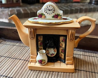 Paul Cardew Royal Albert Earthenware Mini Figural Victorian Fireplace Teapot Old Country Roses