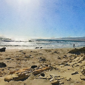 May include: A watercolor painting of a beach scene with a bright blue sky, white foamy waves, and a sandy shore with driftwood and rocks. The sun is shining brightly in the sky.