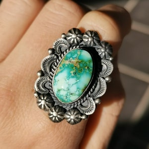Sonoran Gold Turquoise Ring Size 8 by Navajo silversmith R Calladito
