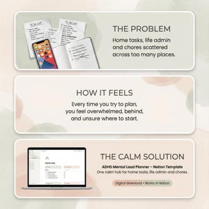 May include: An advertisement for an ADHD Mental Load Planner. The image shows a laptop displaying a home hub, a smartphone, and handwritten to-do lists. The text reads: "The Problem: Home tasks, life admin and chores scattered across too many places."