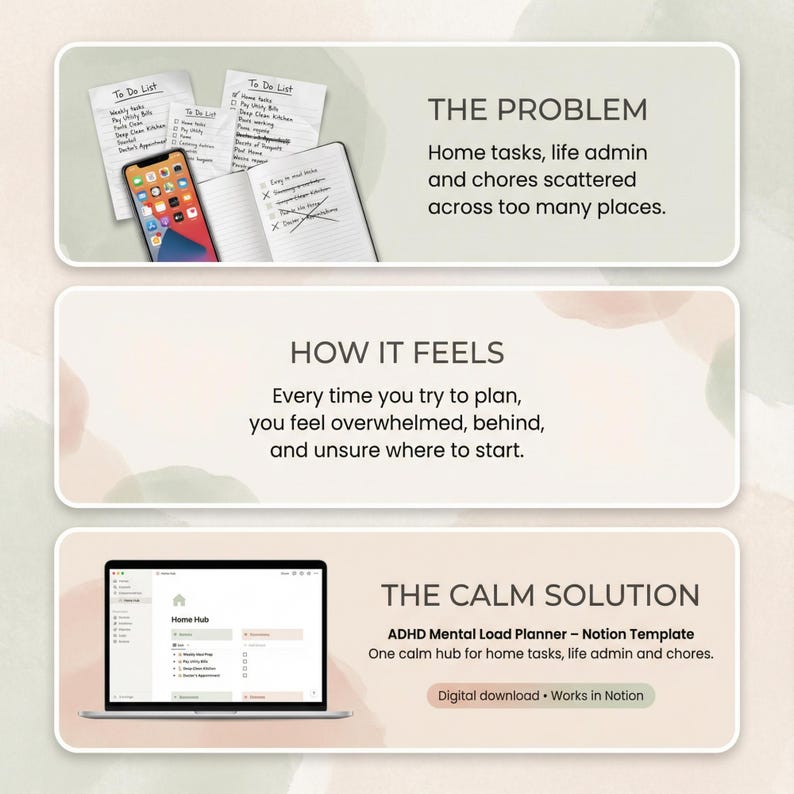 May include: An advertisement for an ADHD Mental Load Planner. The image shows a laptop displaying a home hub, a smartphone, and handwritten to-do lists. The text reads: "The Problem: Home tasks, life admin and chores scattered across too many places."