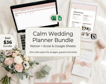 Calm Wedding Planner Bundle | Notion Template + Excel and Google Sheets Wedding List