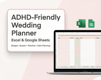 ADHD-Friendly Wedding Planner Excel & Google Sheets | Budget, Guest List, Timeline, Calm Planning