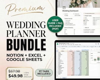 Digital Wedding Planner Bundle, Notion Template, Excel Spreadsheet - Budget Timeline, Guest List, RSVP Checklist